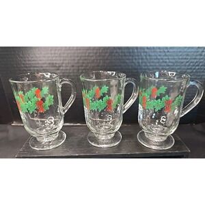 Libbey Christmas Holly & Ribbon Footed Irish Coffee Mugs Cups Gold Trim Set Of 3